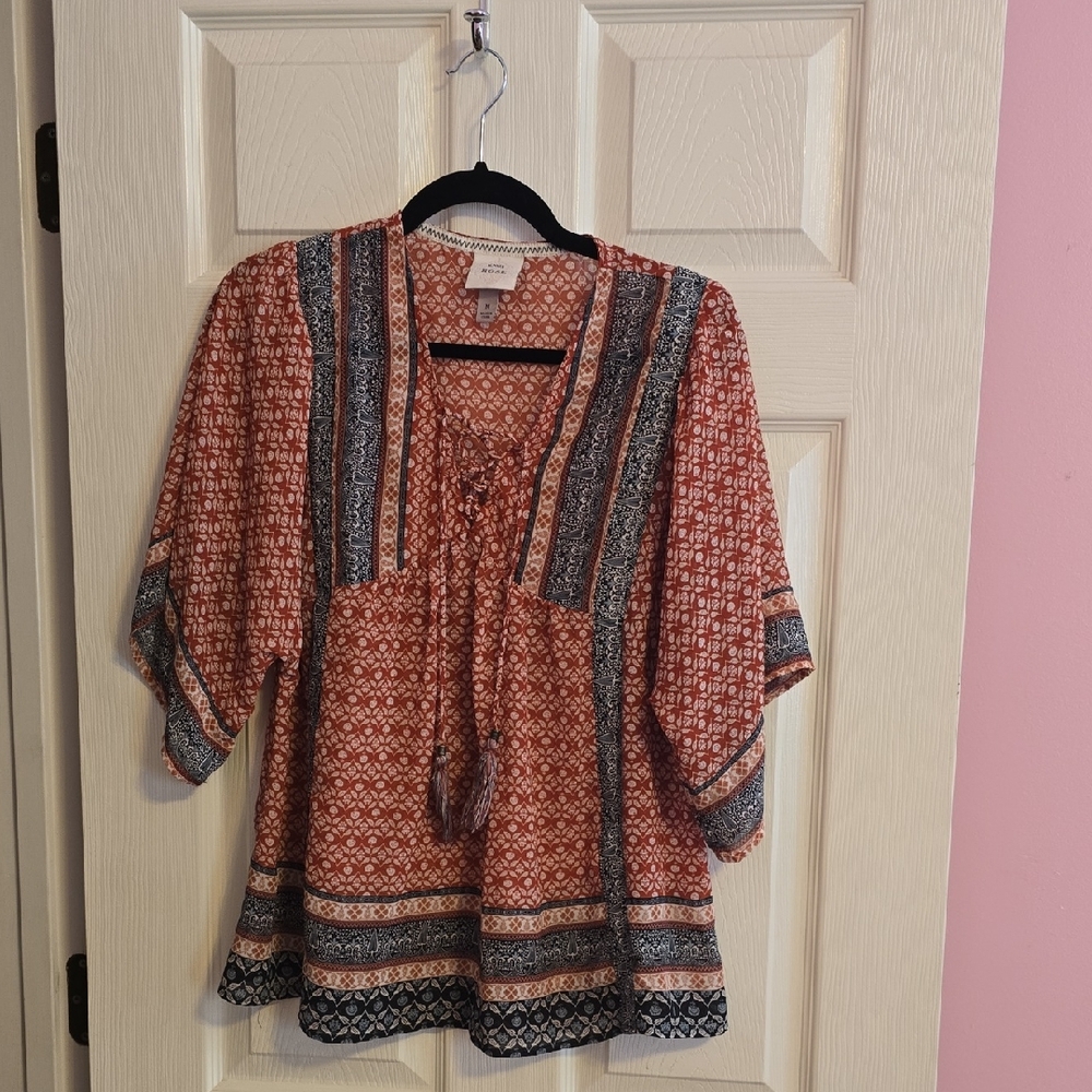 Knox‎ Rose Rust and Black Patterned Sheer Blouse